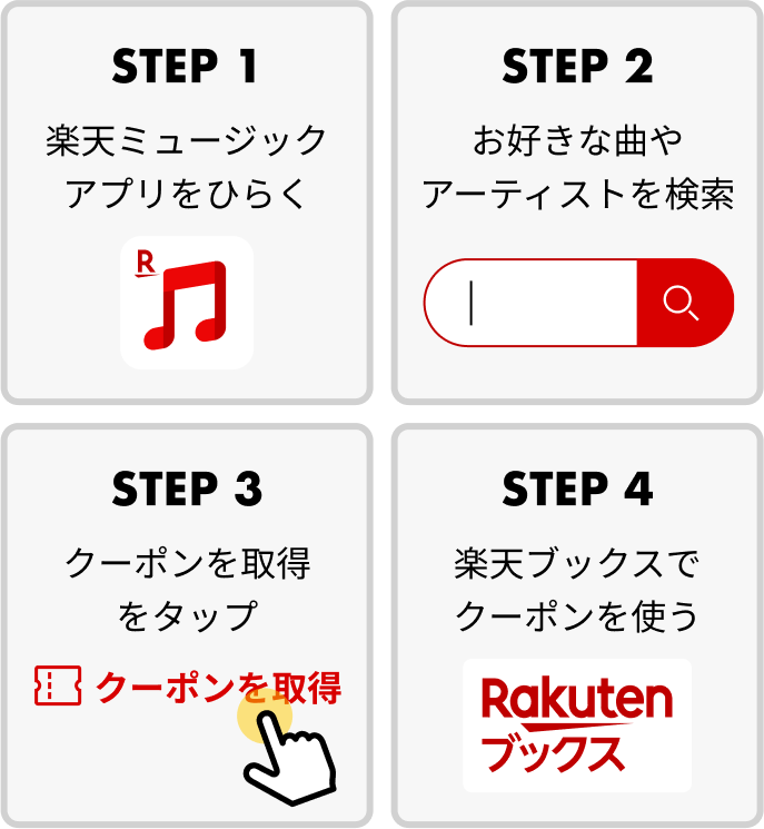 STEP 1: 楽天ミュージックアプリをひらく ▶︎ STEP 2: お好きな曲やアーティストを検索 ▶︎ STEP 3: クーポンを取得をタップ ▶︎ STEP 4: 楽天ブックスでクーポンを使う